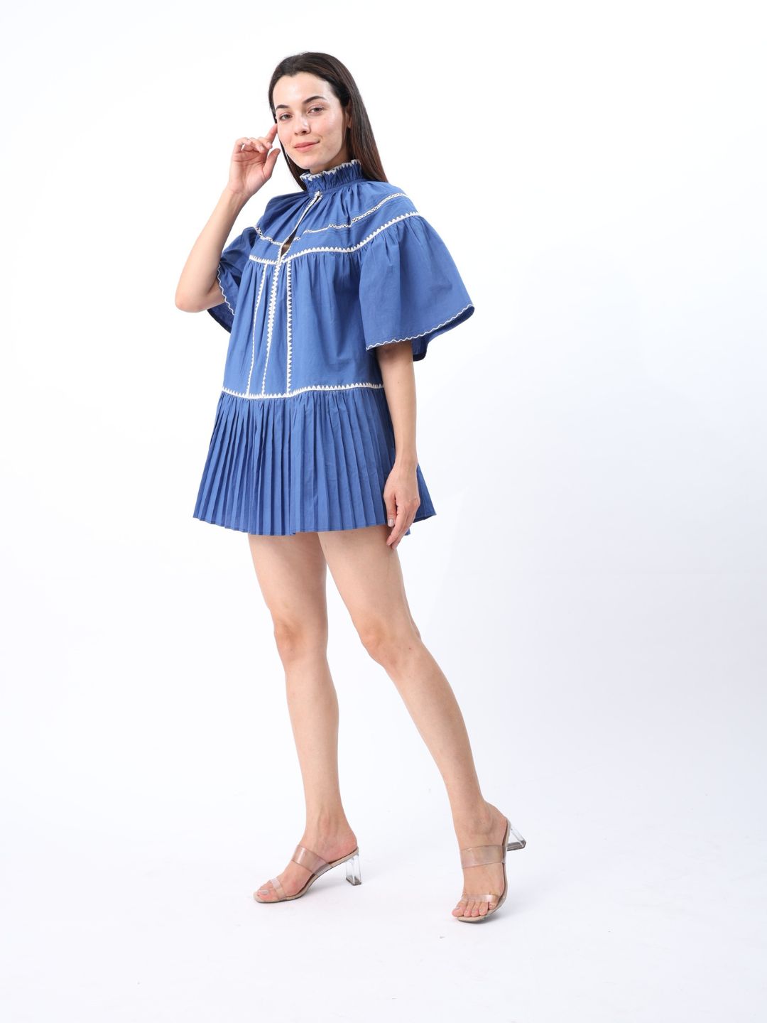 Riko Pleated Mini Dress With Embroidery Detail