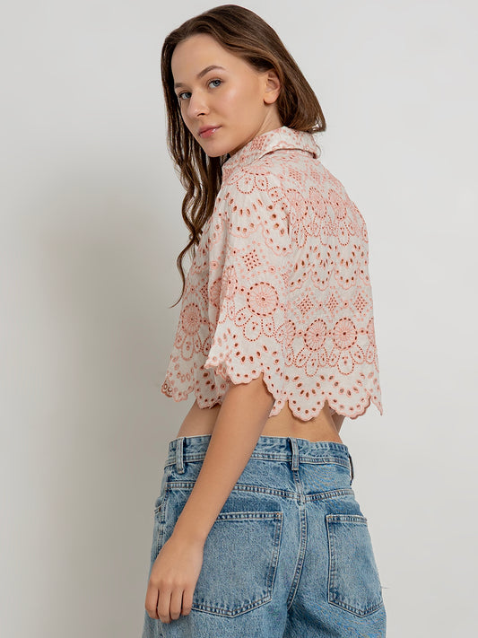 Milou Soft Cotton Crop Shirt with Embroidery and Scallop Finish