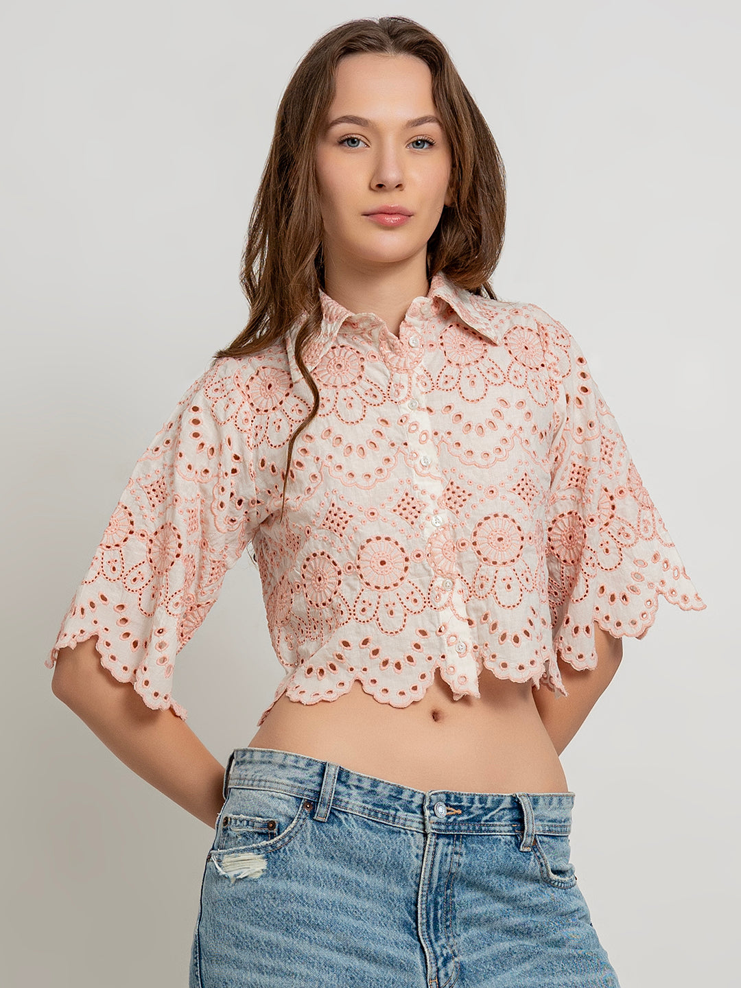 Milou Soft Cotton Crop Shirt with Embroidery and Scallop Finish