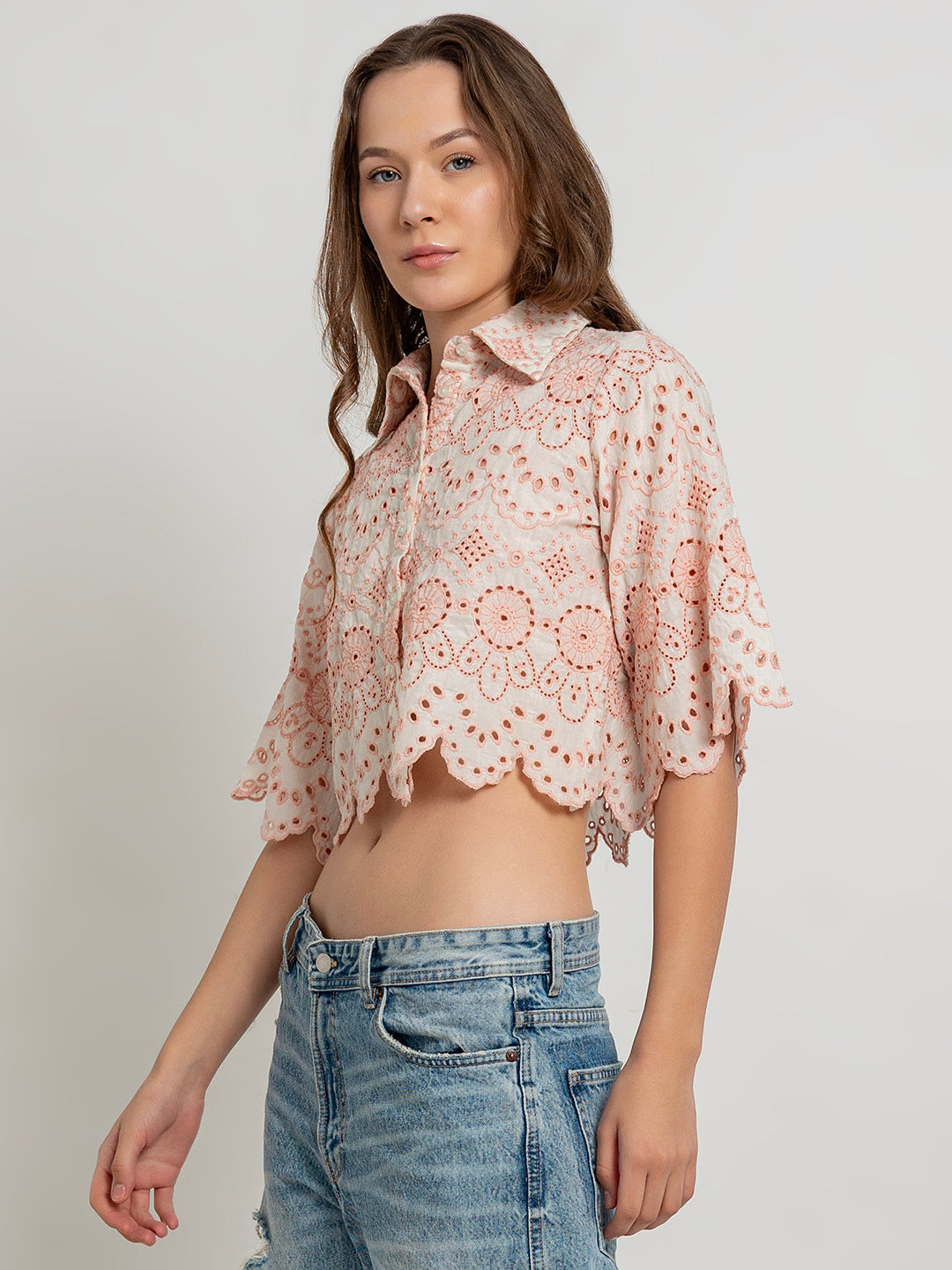Milou Soft Cotton Crop Shirt with Embroidery and Scallop Finish