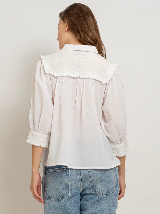 Manon White Cotton Yoke Embroidered Blouse with Frill Cuffs