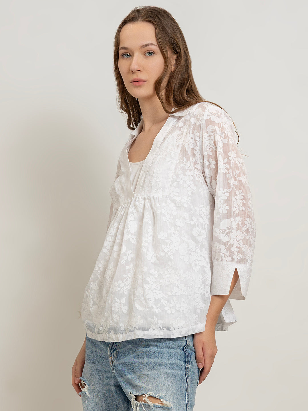 Emiko Sheer Floral Burnout Blouse with Inner