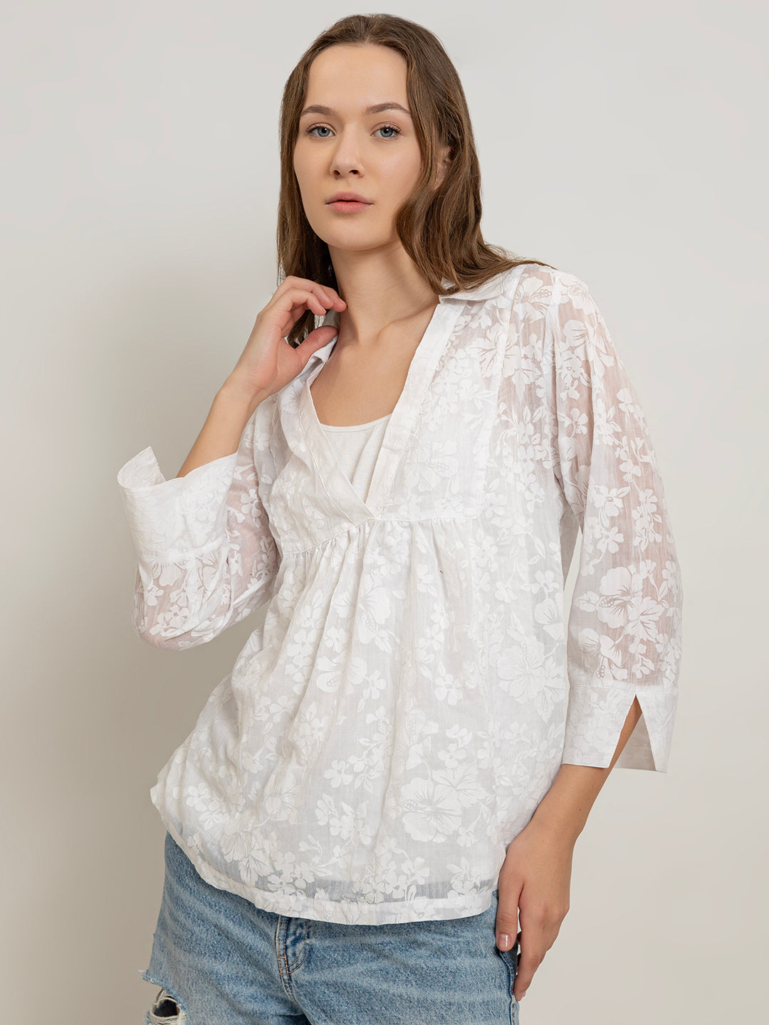 Emiko Sheer Floral Burnout Blouse with Inner