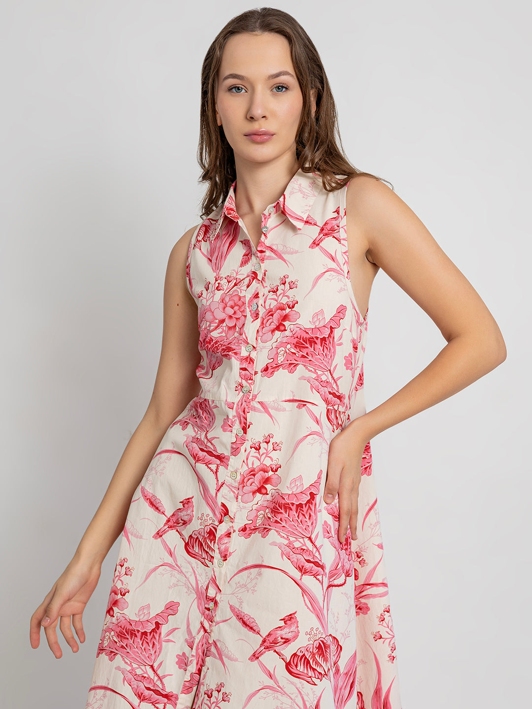 Himari Cotton Racerback Midi Dress with Soft Collar & Asymmetrical Hem