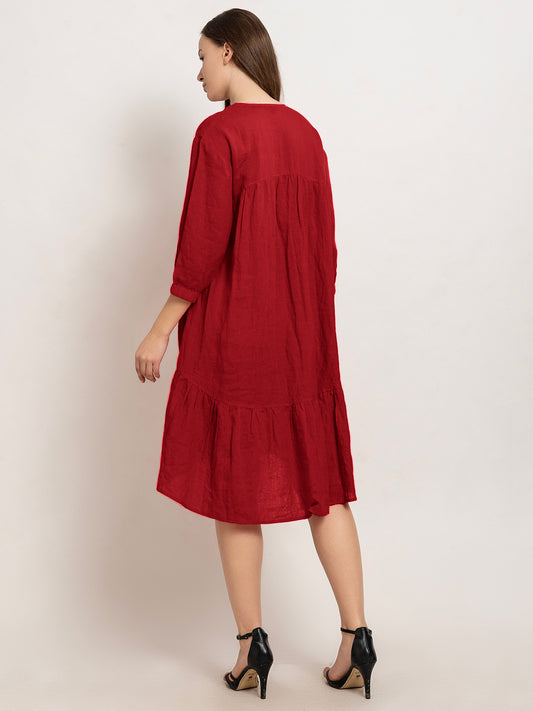Laia Flare Cotton Linen Midi Dress with Quarter Sleeves