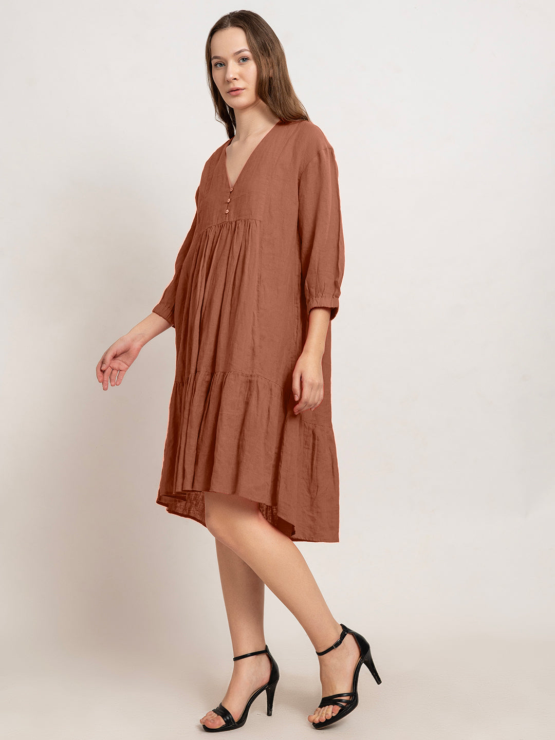 Laia Flare Cotton Linen Midi Dress with Quarter Sleeves