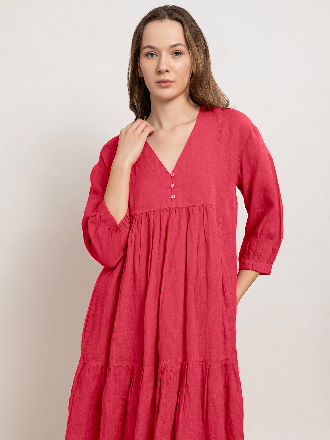 Laia Flare Cotton Linen Midi Dress with Quarter Sleeves