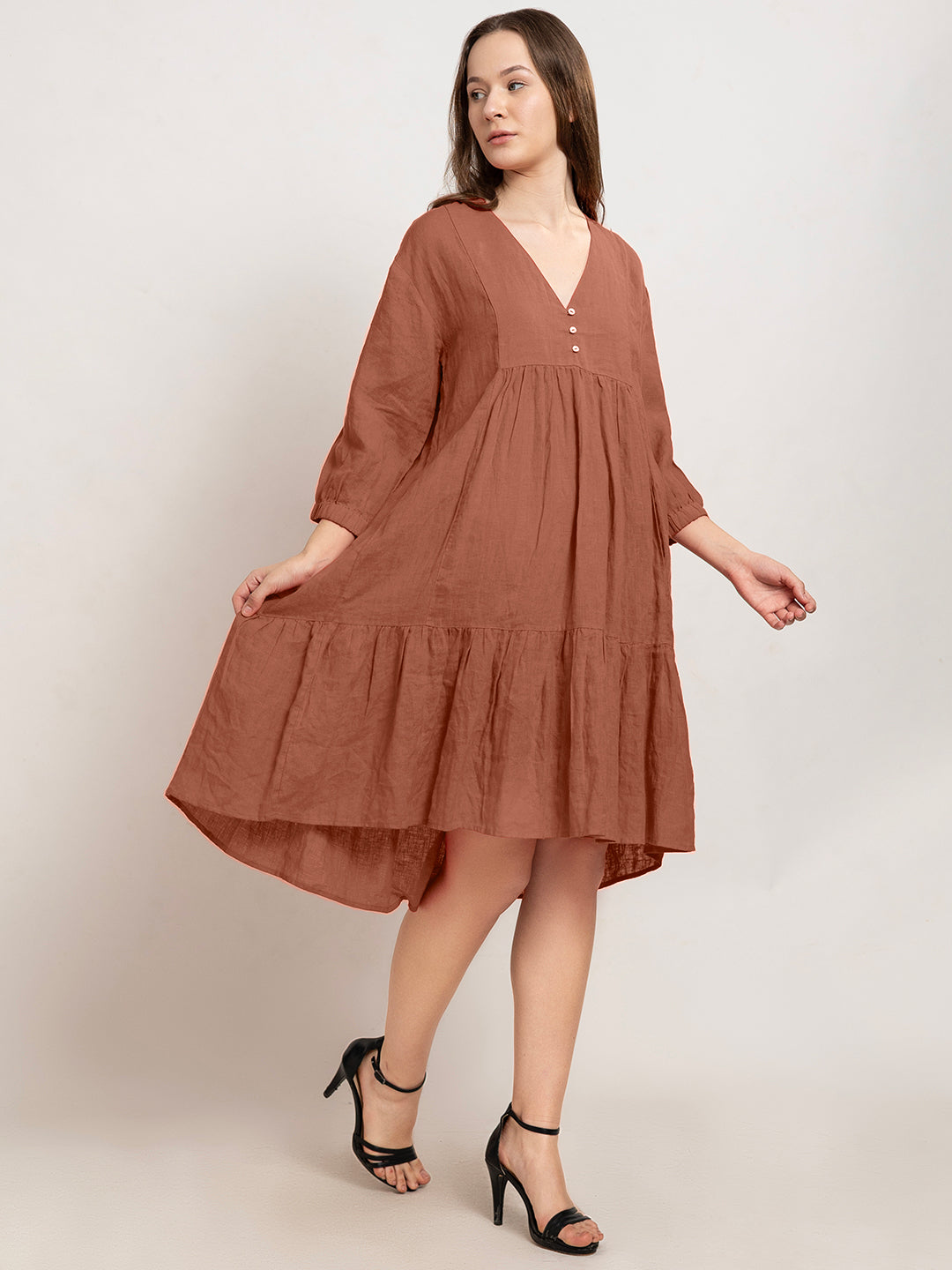 Laia Flare Cotton Linen Midi Dress with Quarter Sleeves