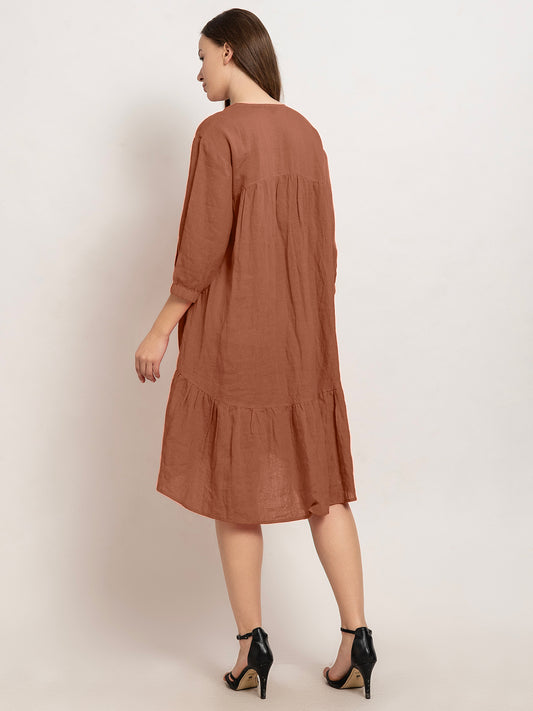 Laia Flare Cotton Linen Midi Dress with Quarter Sleeves