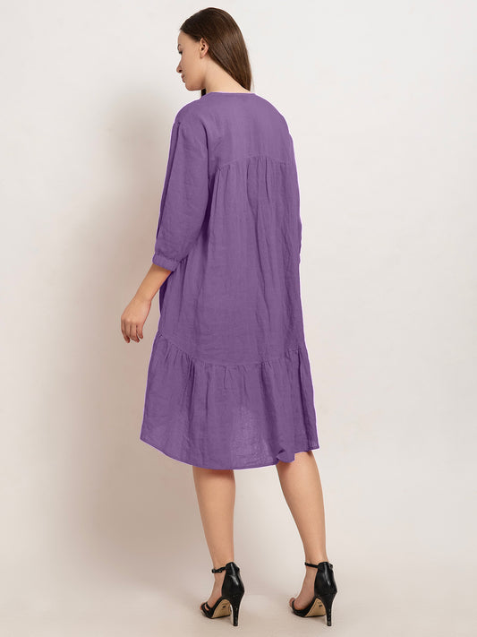 Laia Flare Cotton Linen Midi Dress with Quarter Sleeves