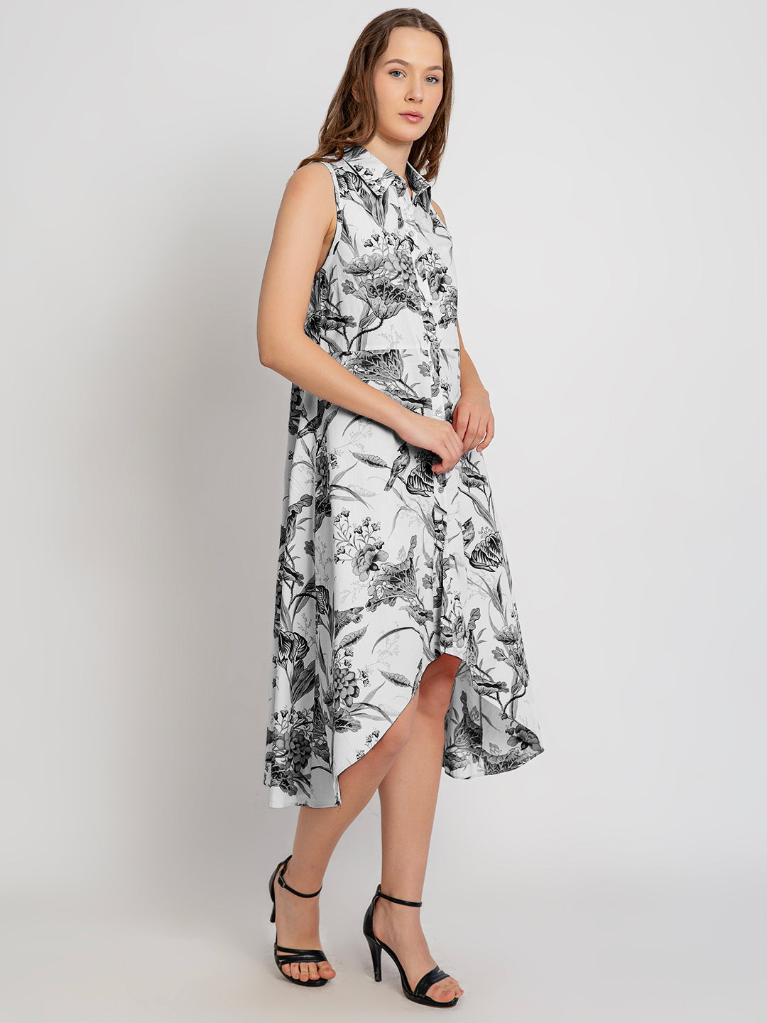 Himari Cotton Racerback Midi Dress with Soft Collar & Asymmetrical Hem
