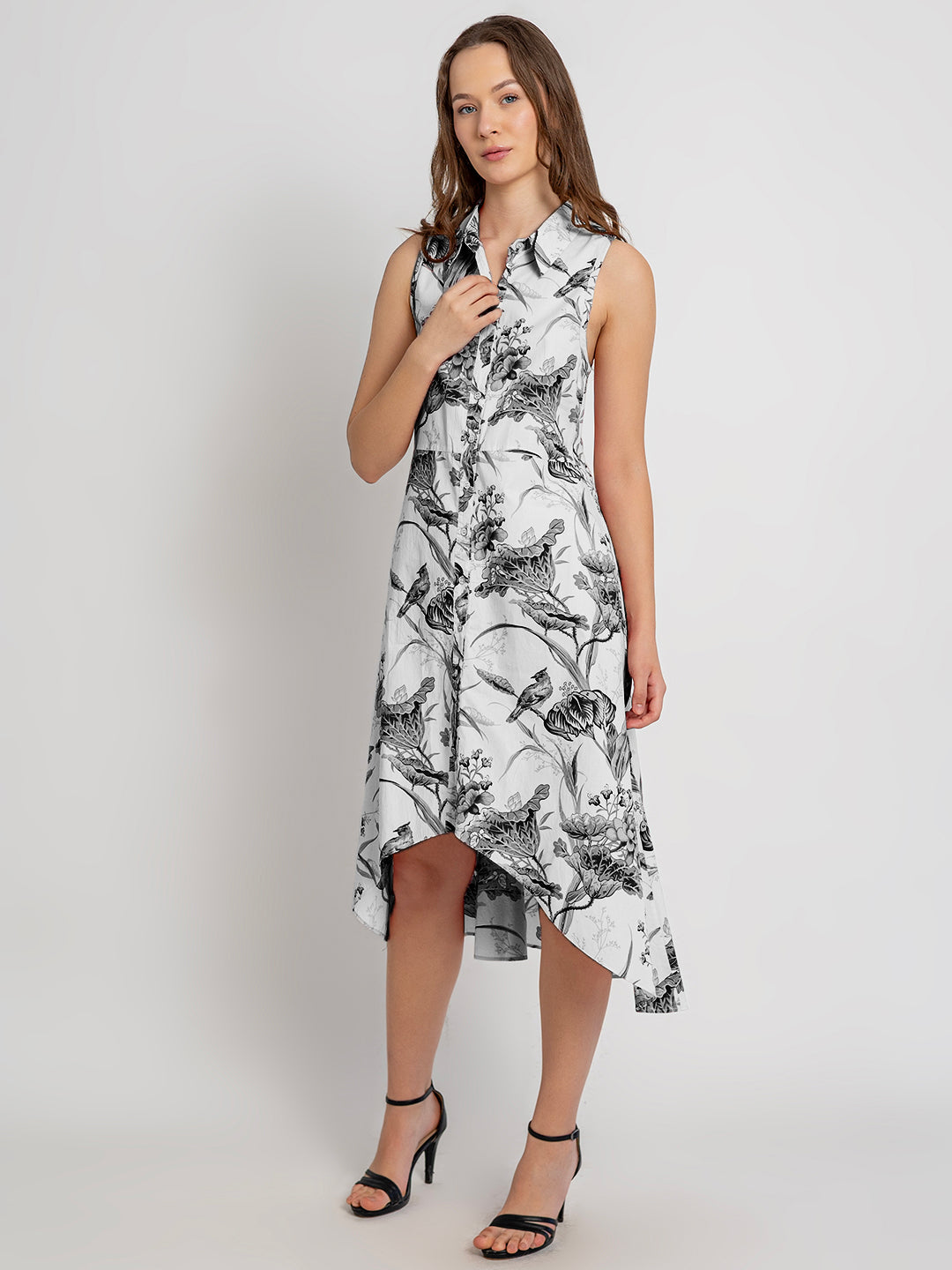 Himari Cotton Racerback Midi Dress with Soft Collar & Asymmetrical Hem