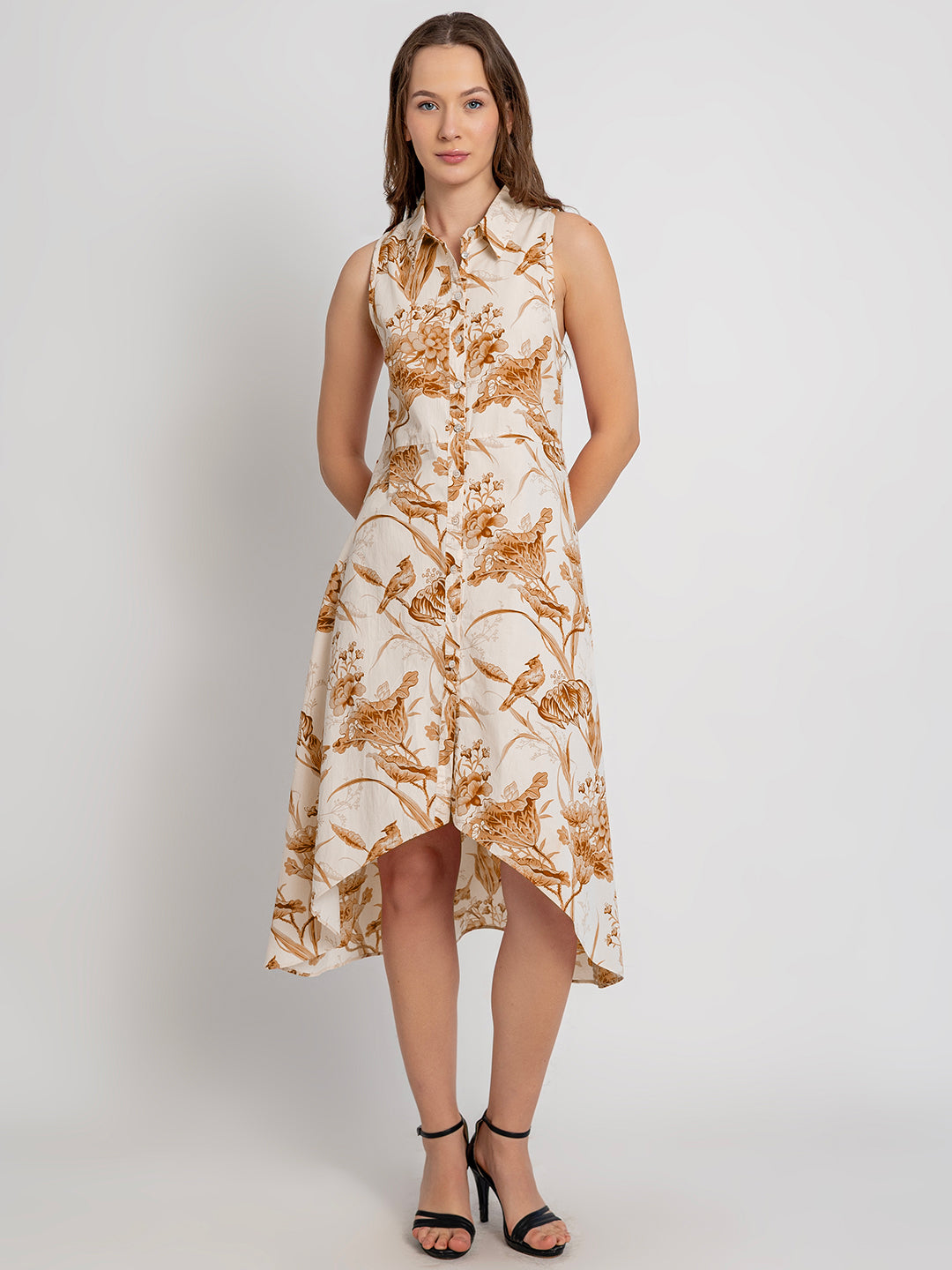 Himari Cotton Racerback Midi Dress with Soft Collar & Asymmetrical Hem