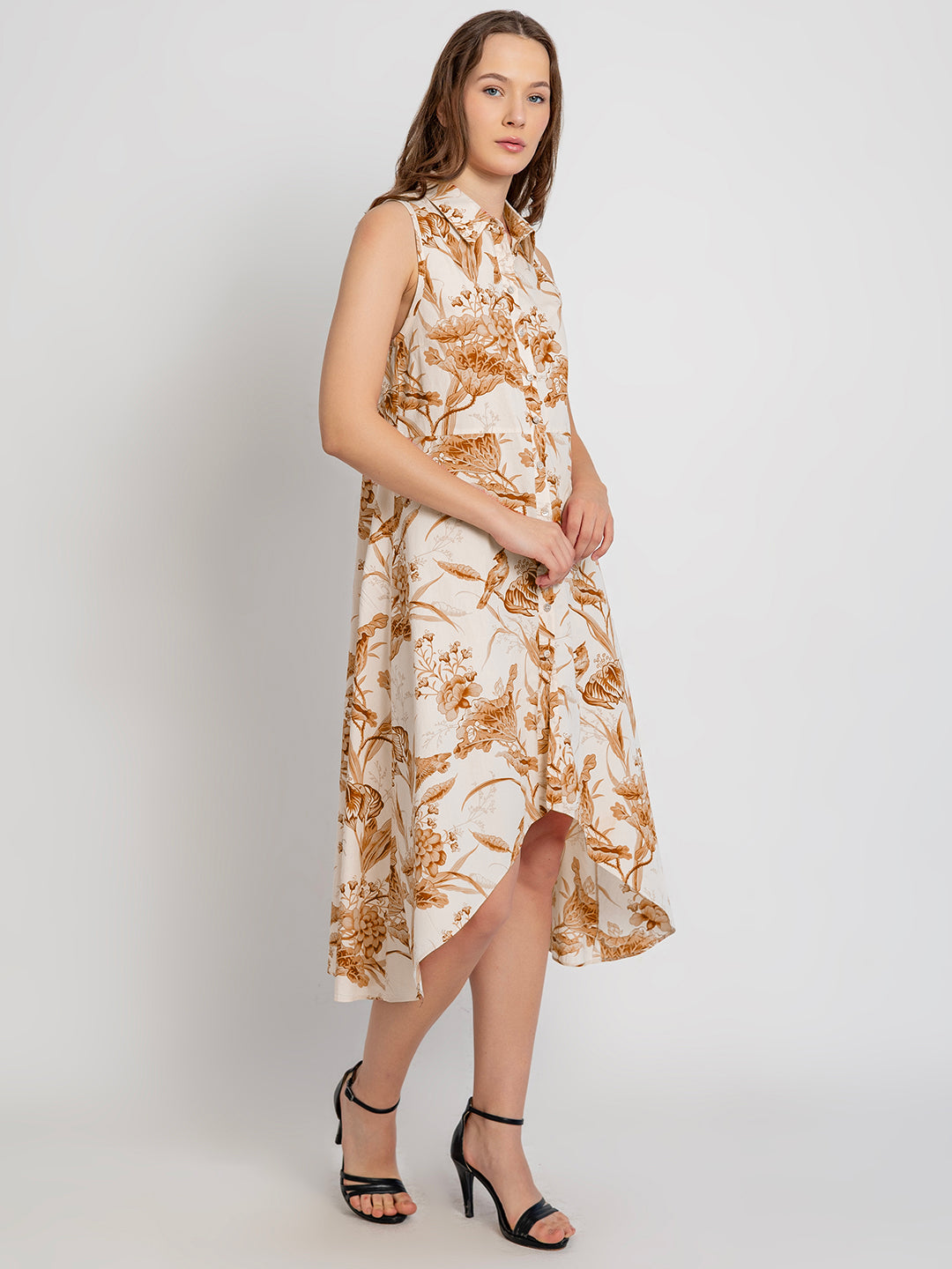 Himari Cotton Racerback Midi Dress with Soft Collar & Asymmetrical Hem
