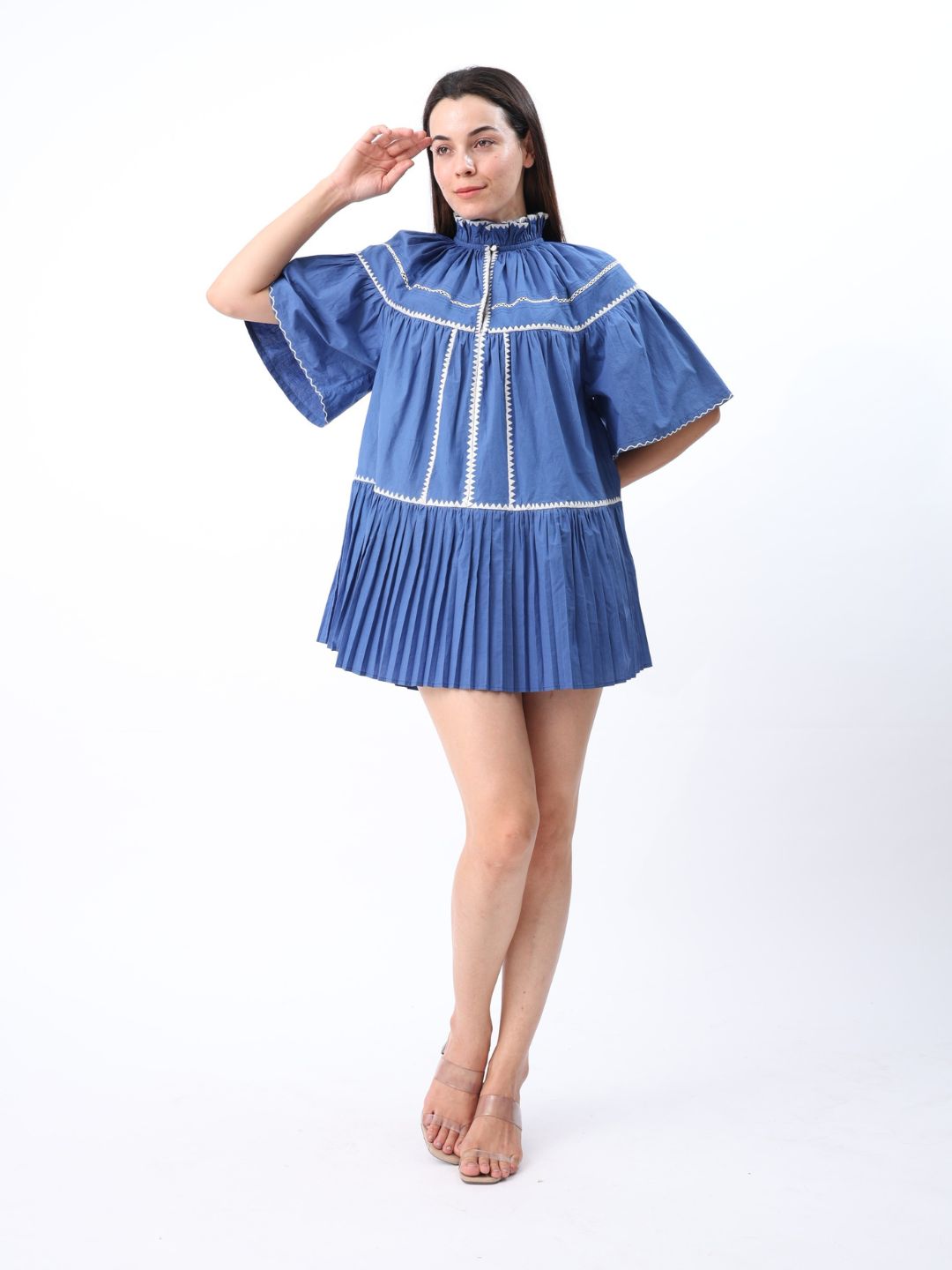 Riko Pleated Mini Dress With Embroidery Detail