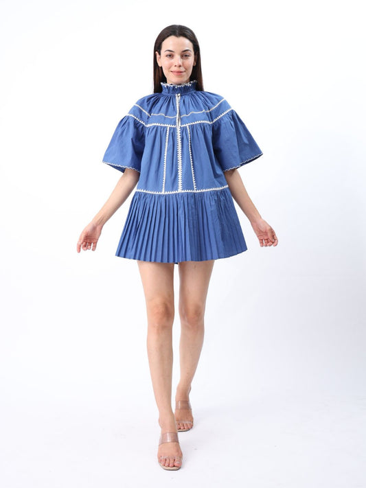 Riko Pleated Mini Dress With Embroidery Detail