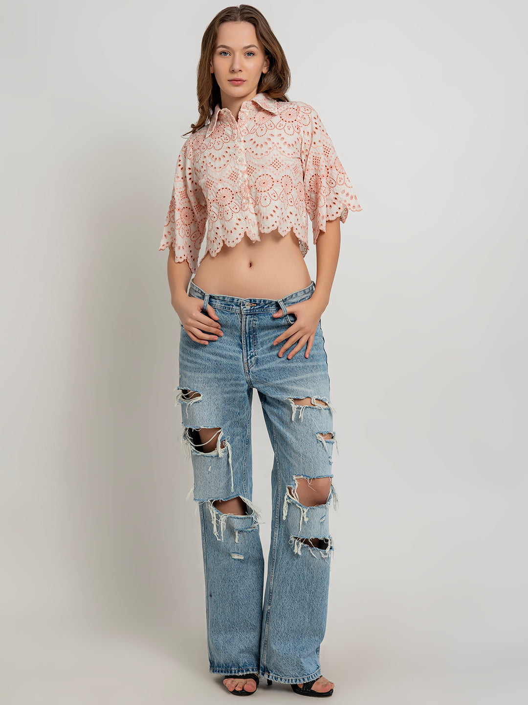 Milou Soft Cotton Crop Shirt with Embroidery and Scallop Finish