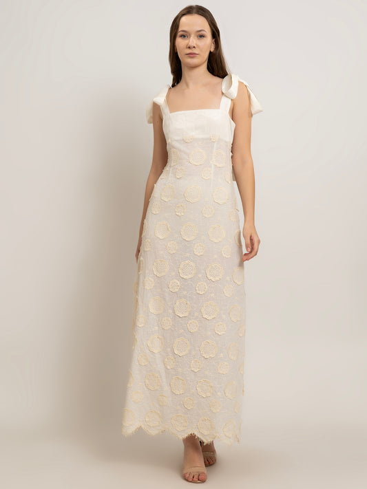 Irina 3D Embroidered Cotton Maxi Dress with Tie-Down Straps