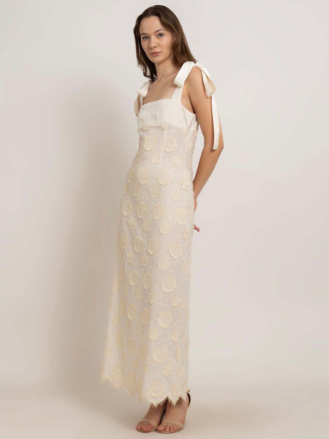 Irina 3D Embroidered Cotton Maxi Dress with Tie-Down Straps