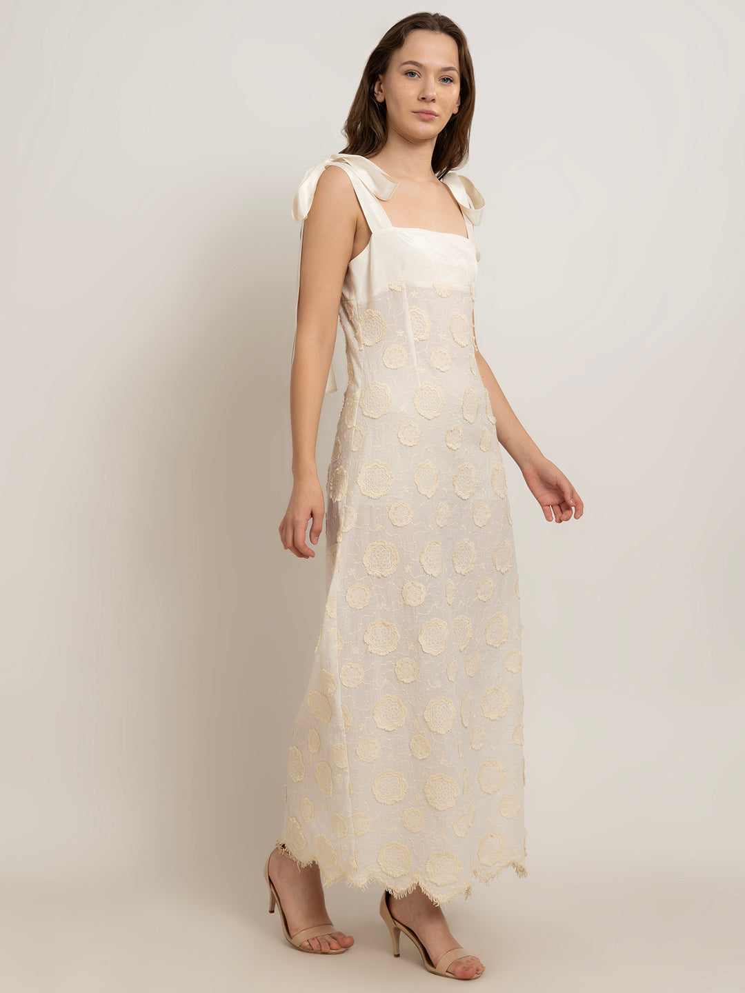 Irina 3D Embroidered Cotton Maxi Dress with Tie-Down Straps