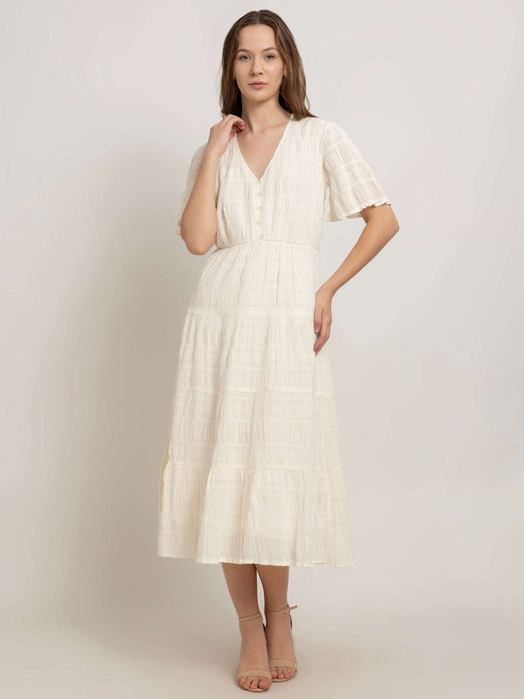Nerea Midi Dress with Soft Flare Short Sleeves