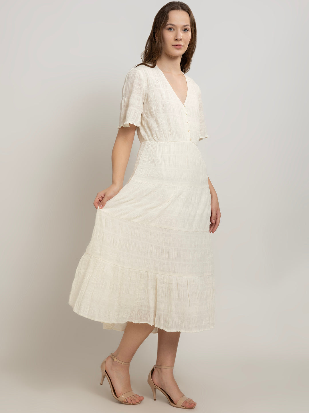 Nerea Midi Dress with Soft Flare Short Sleeves