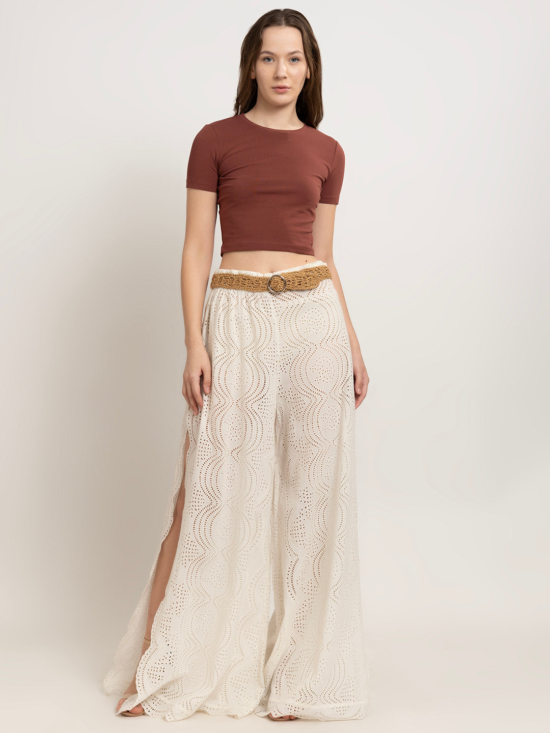 Jimena Holiday-Ready Schiffli Flare Pants with Side Slit