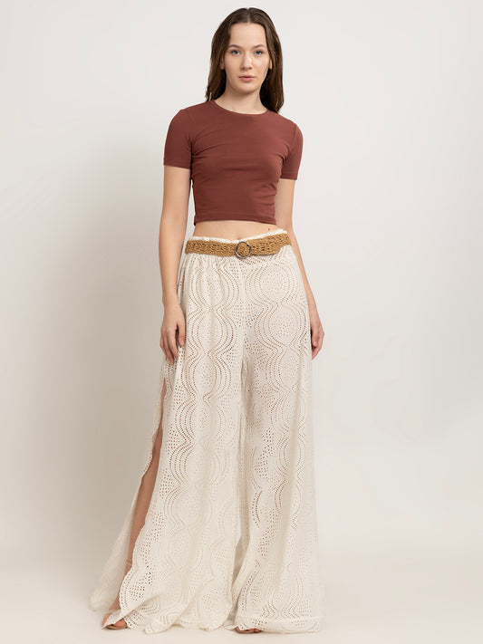 Jimena Holiday-Ready Schiffli Flare Pants with Side Slit