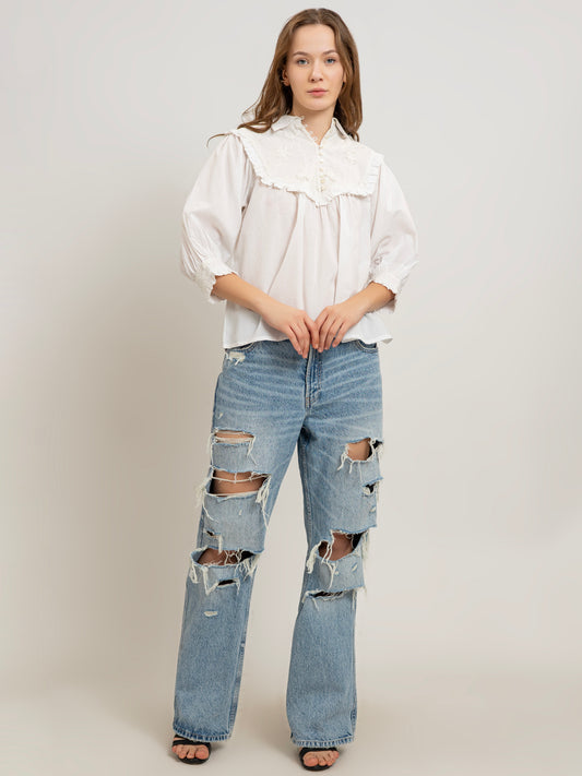 Manon White Cotton Yoke Embroidered Blouse with Frill Cuffs