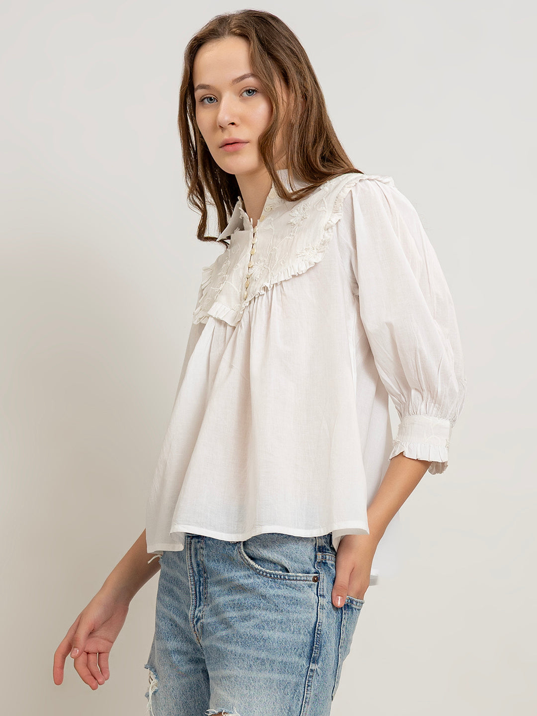 Manon White Cotton Yoke Embroidered Blouse with Frill Cuffs