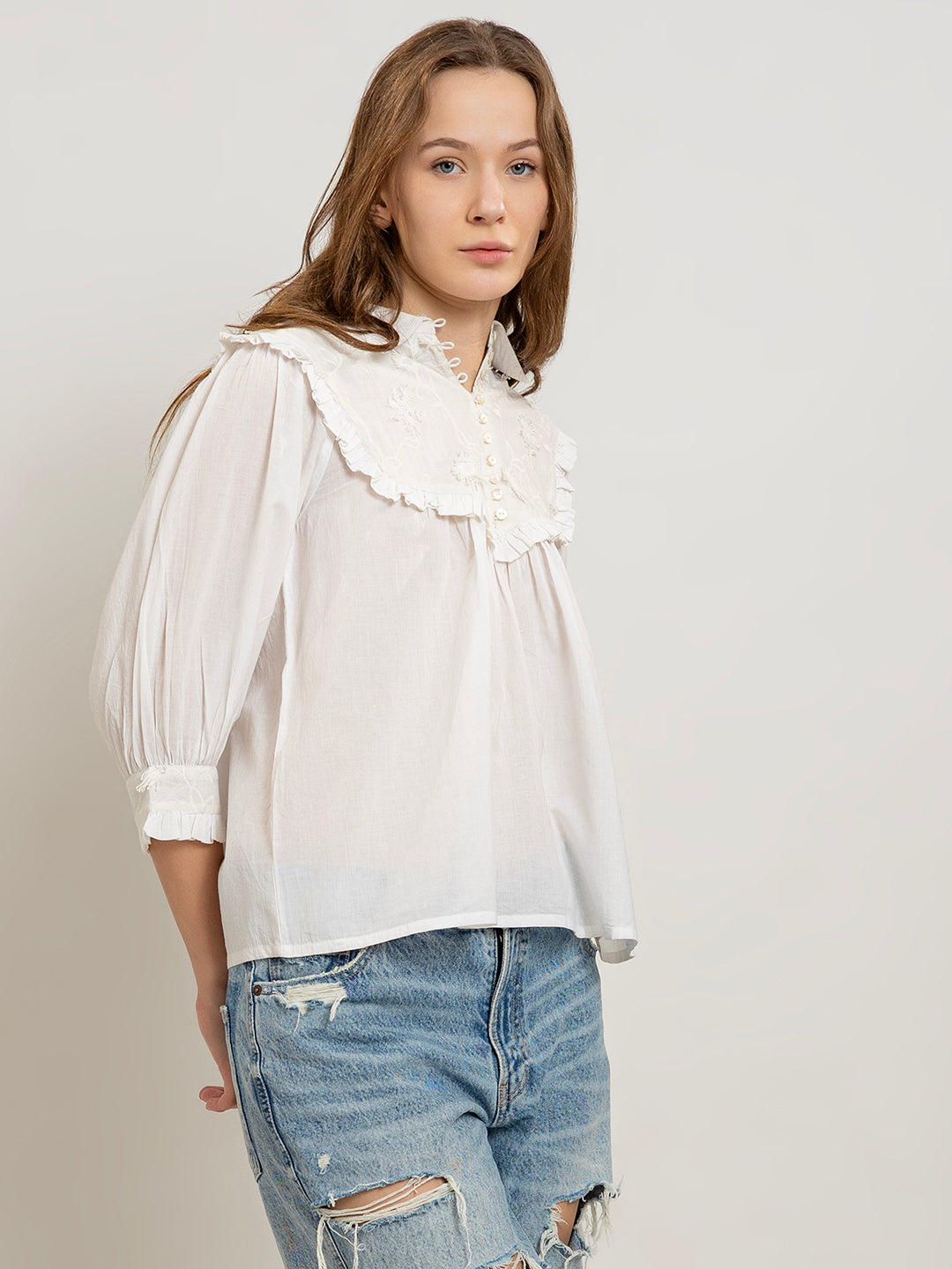Manon White Cotton Yoke Embroidered Blouse with Frill Cuffs