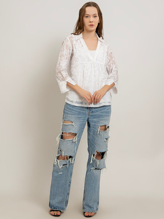 Emiko Sheer Floral Burnout Blouse with Inner