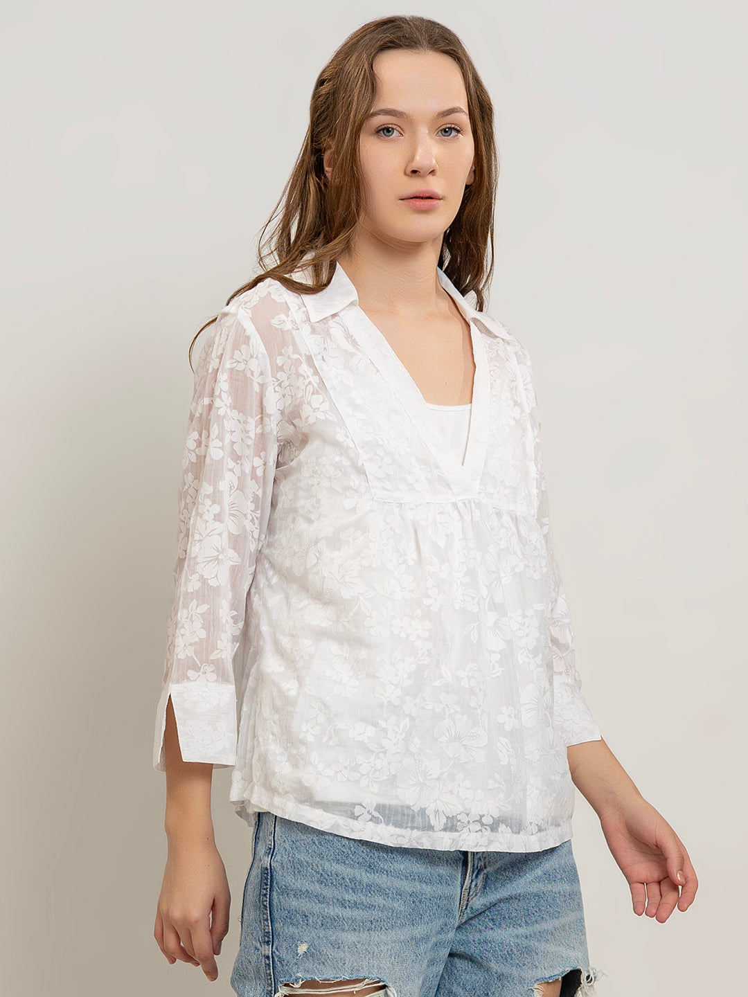Emiko Sheer Floral Burnout Blouse with Inner