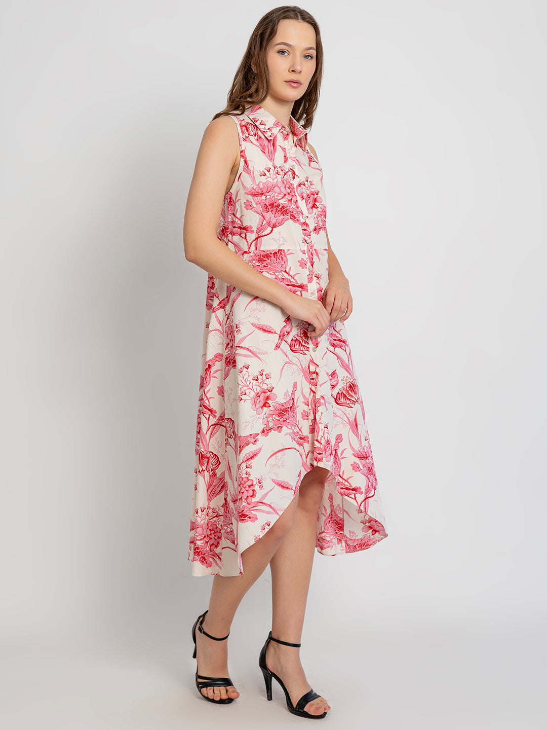 Himari Cotton Racerback Midi Dress with Soft Collar & Asymmetrical Hem