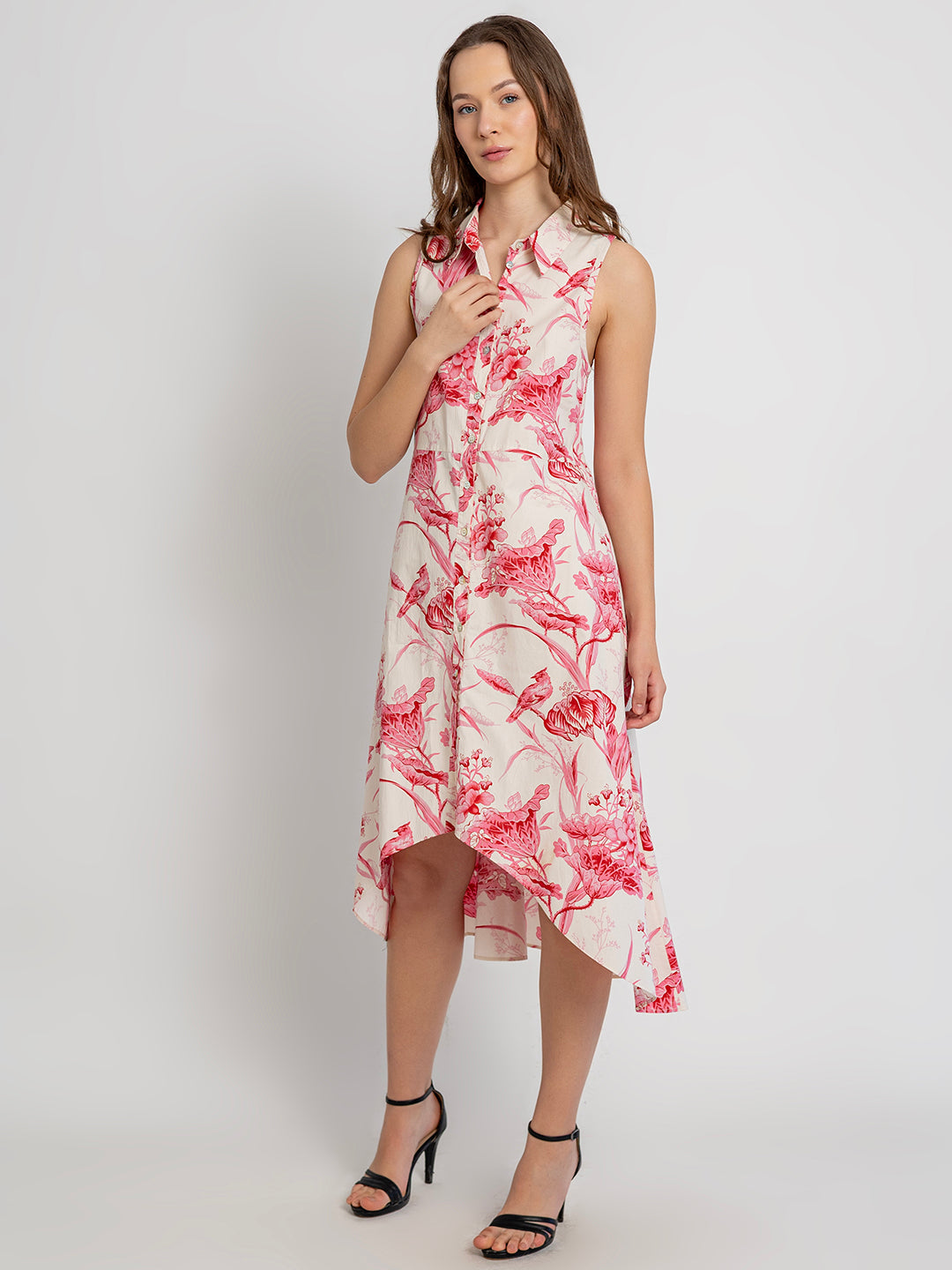 Himari Cotton Racerback Midi Dress with Soft Collar & Asymmetrical Hem