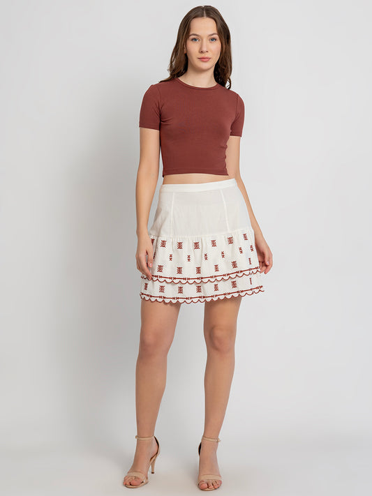Vega Mini Skirt with Embroidery and Scalloping Details