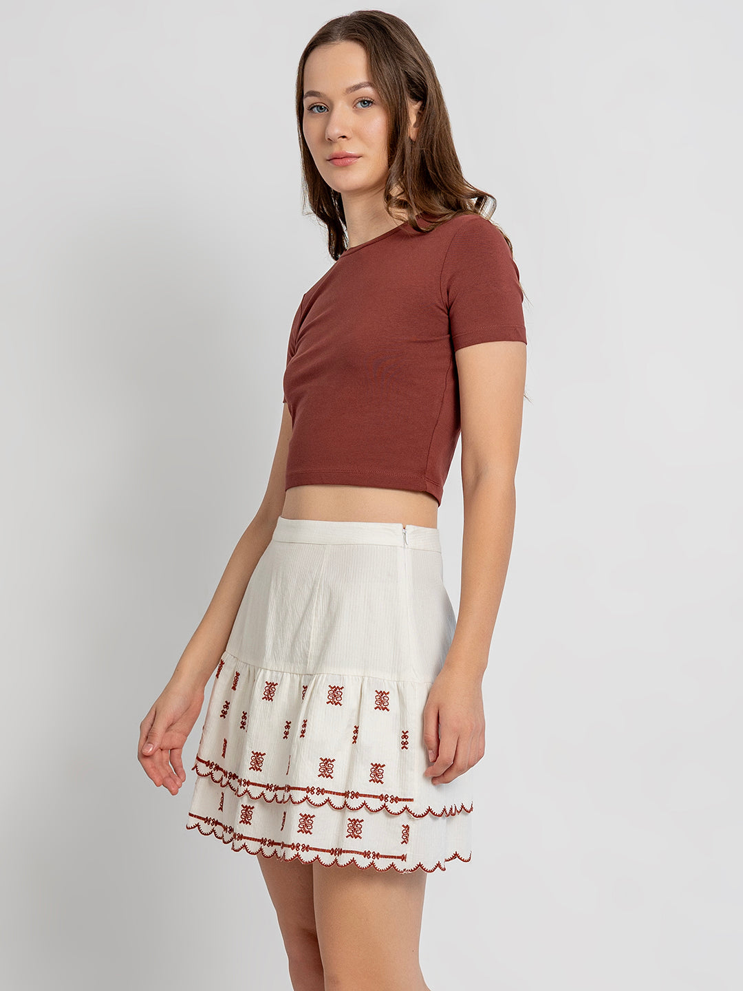 Vega Mini Skirt with Embroidery and Scalloping Details