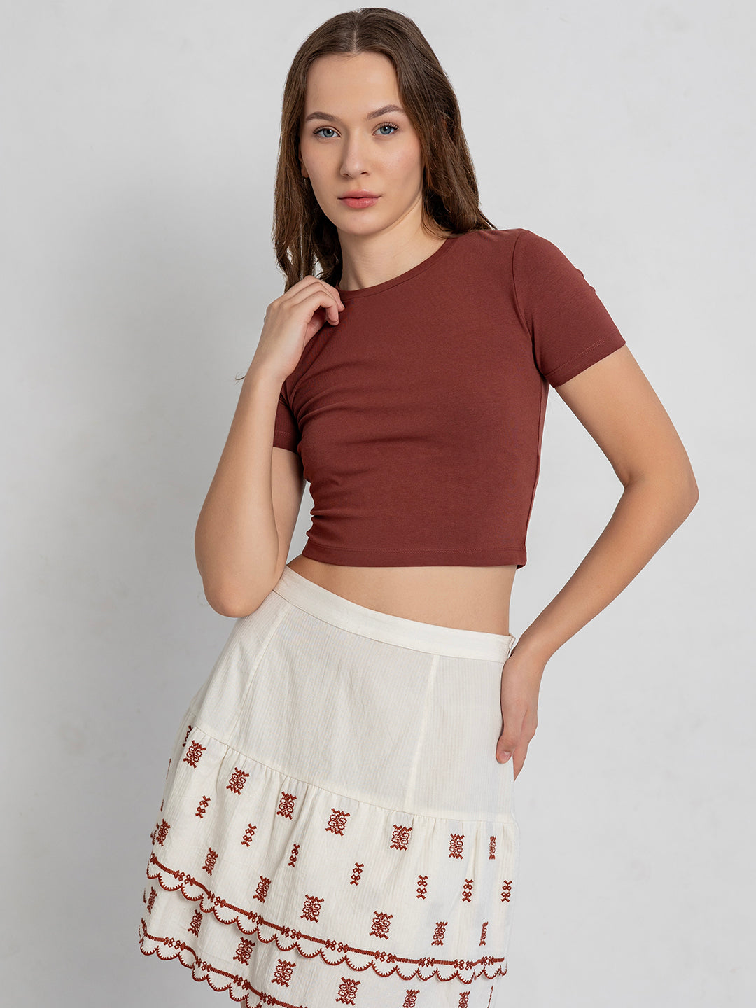 Vega Mini Skirt with Embroidery and Scalloping Details
