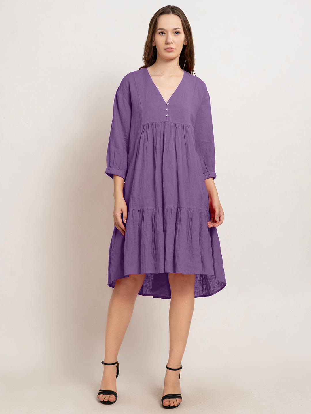 Laia Flare Cotton Linen Midi Dress with Quarter Sleeves