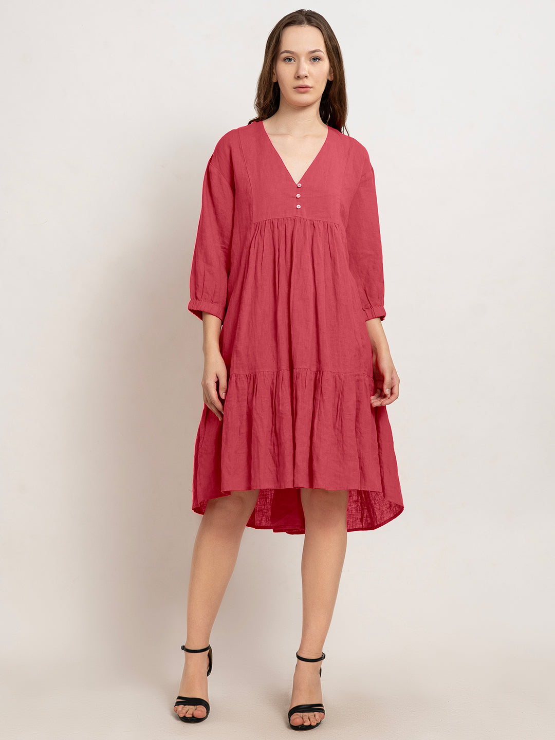 Laia Flare Cotton Linen Midi Dress with Quarter Sleeves