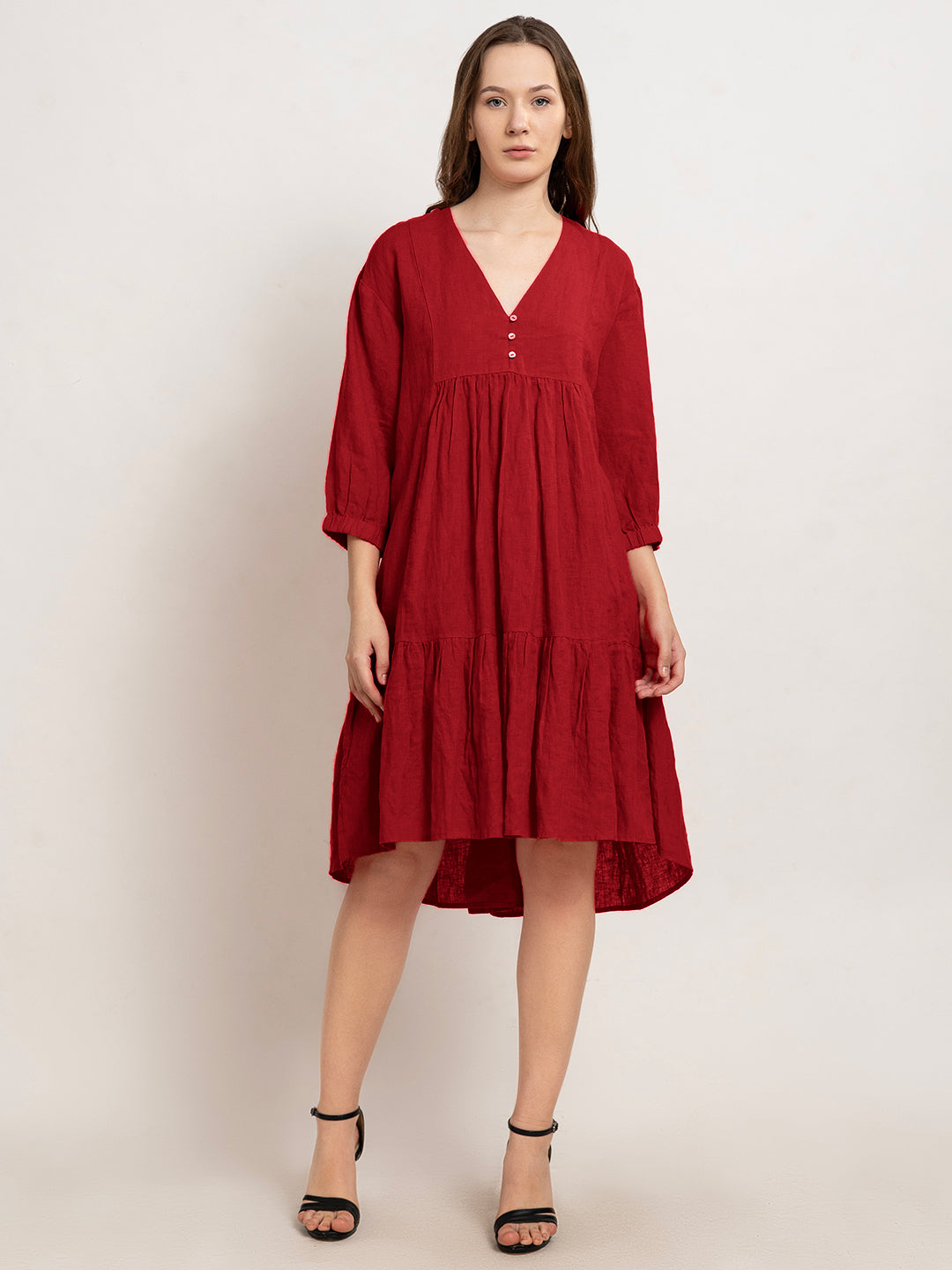 Laia Flare Cotton Linen Midi Dress with Quarter Sleeves
