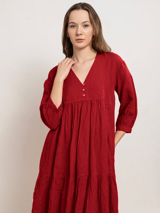 Laia Flare Cotton Linen Midi Dress with Quarter Sleeves