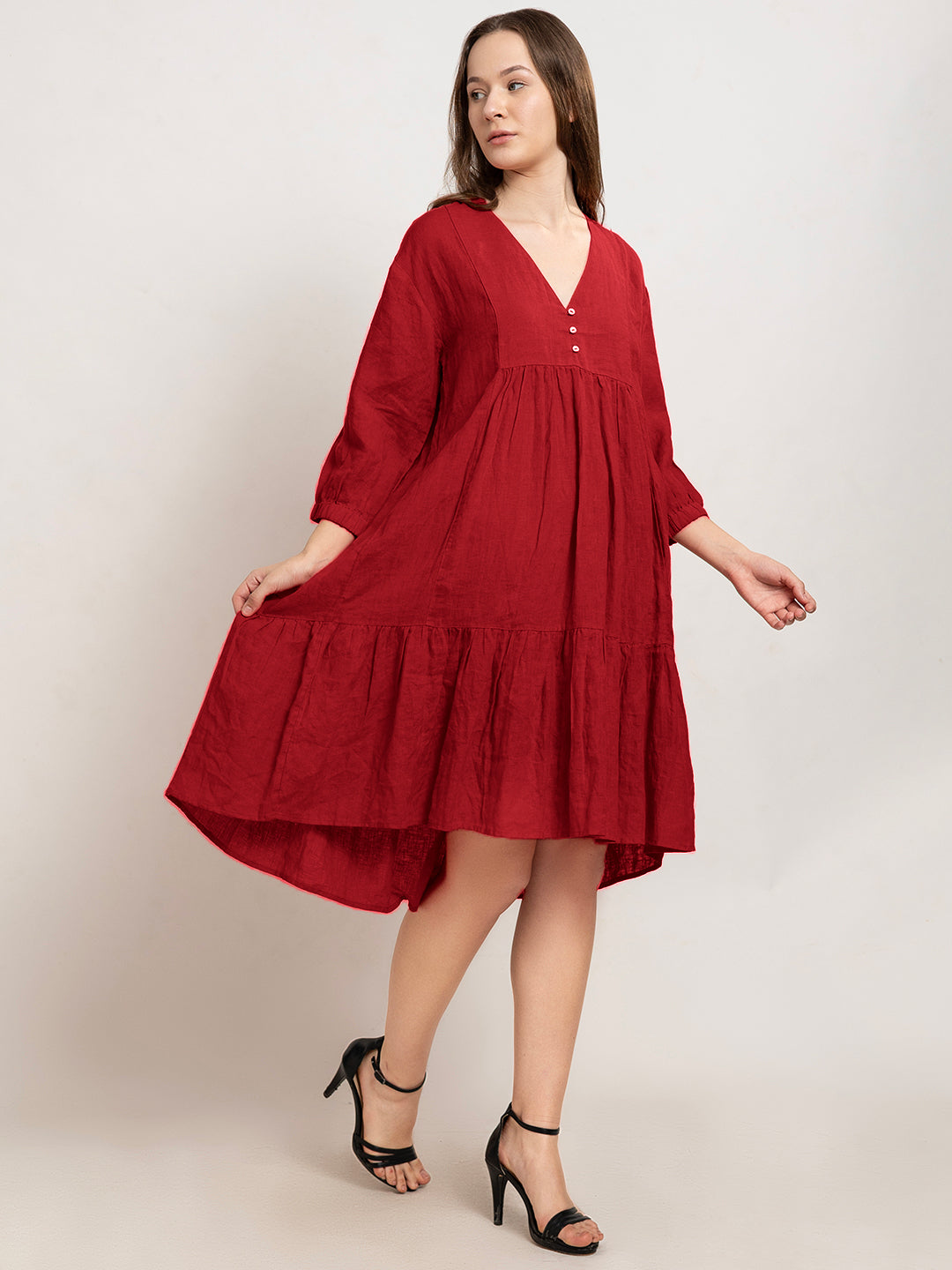 Laia Flare Cotton Linen Midi Dress with Quarter Sleeves