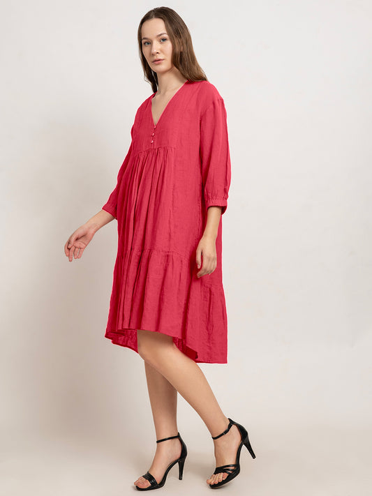 Laia Flare Cotton Linen Midi Dress with Quarter Sleeves
