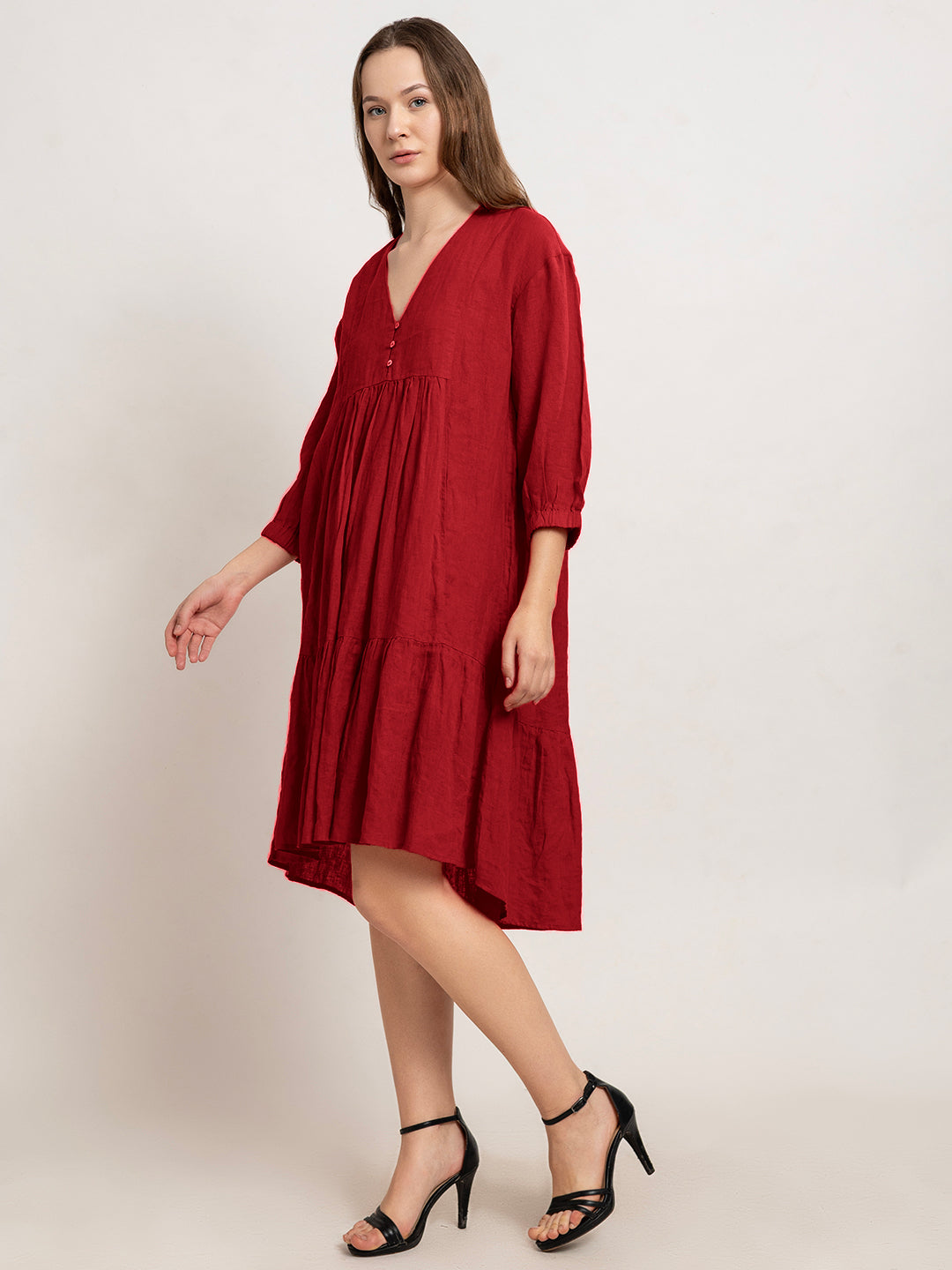 Laia Flare Cotton Linen Midi Dress with Quarter Sleeves