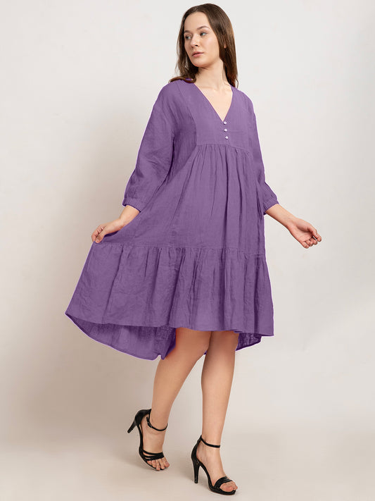 Laia Flare Cotton Linen Midi Dress with Quarter Sleeves
