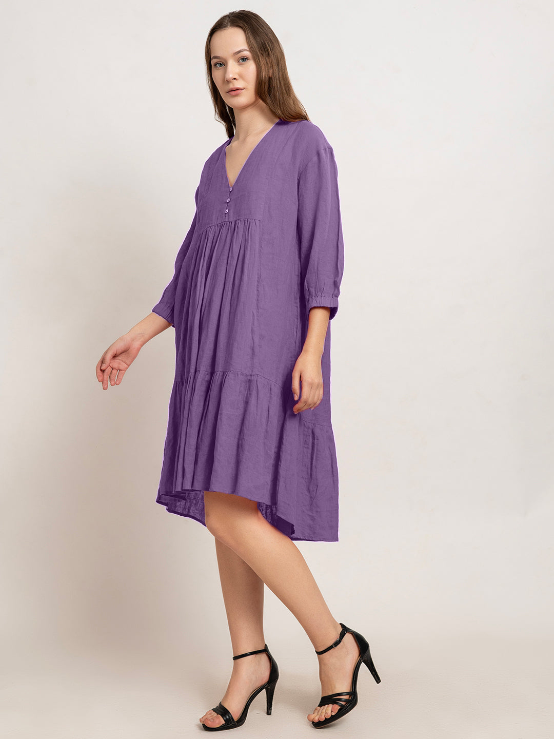 Laia Flare Cotton Linen Midi Dress with Quarter Sleeves