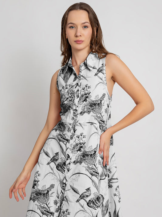 Himari Cotton Racerback Midi Dress with Soft Collar & Asymmetrical Hem