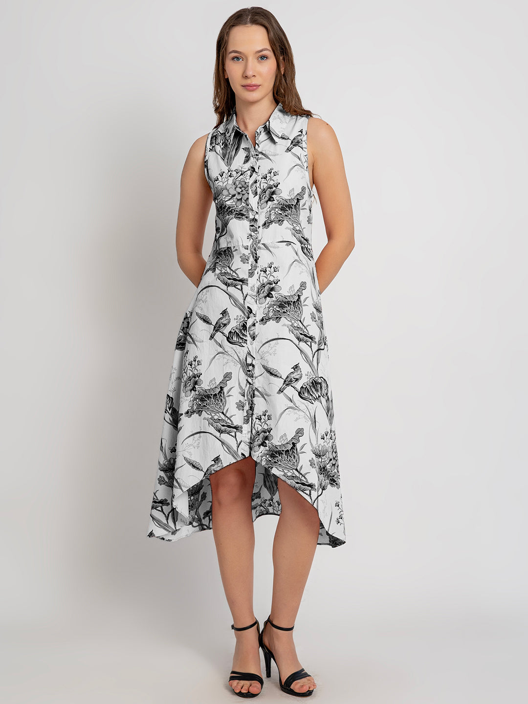 Himari Cotton Racerback Midi Dress with Soft Collar & Asymmetrical Hem