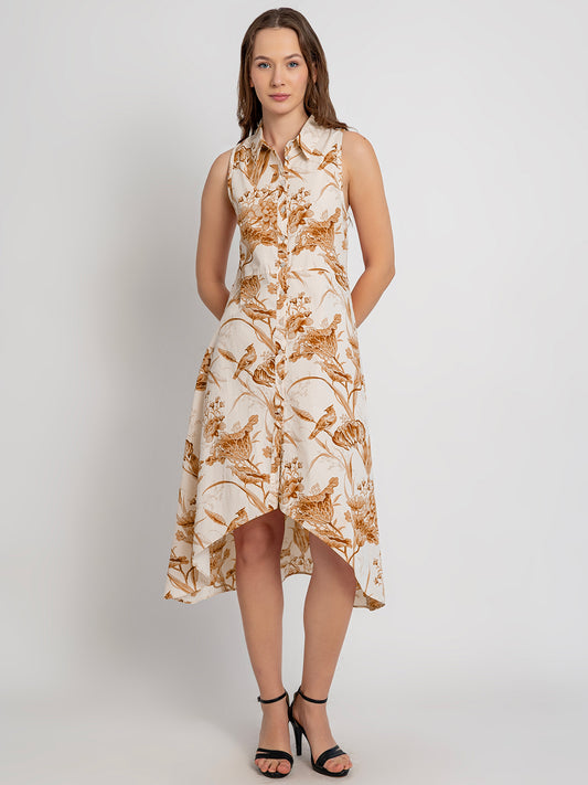 Himari Cotton Racerback Midi Dress with Soft Collar & Asymmetrical Hem